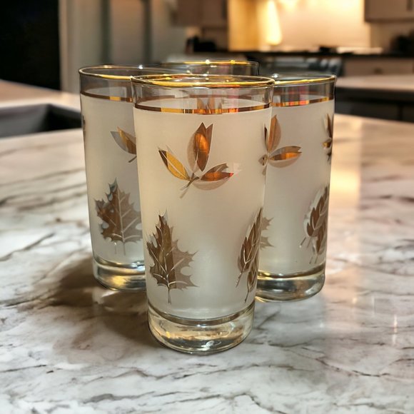 Set of 4 Frosteol Gold Leaf 12 oz Drinking Glasses | Libbey Glass Company - Picture 1 of 6